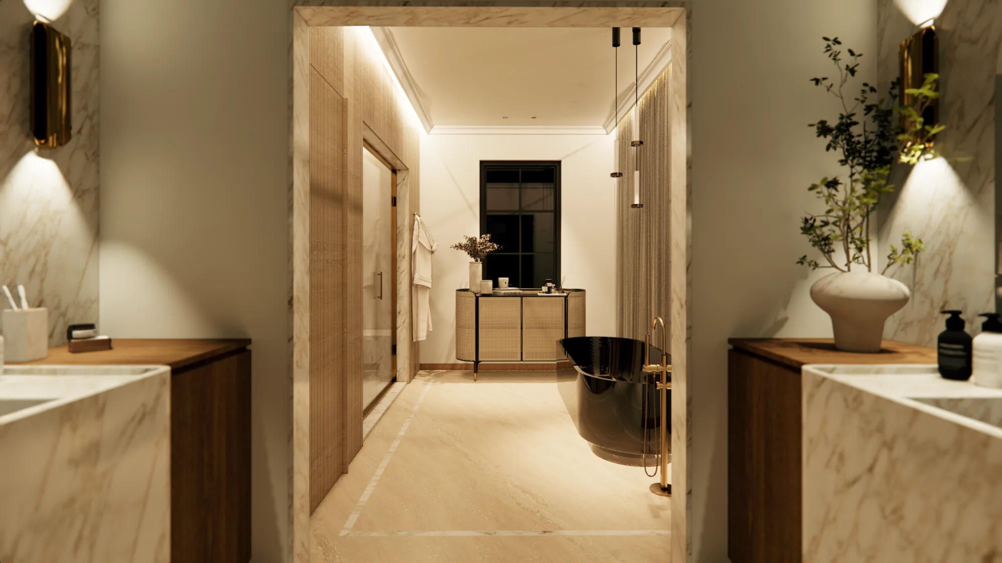 Primary bath with freestanding black soaking tub and marble vanities
