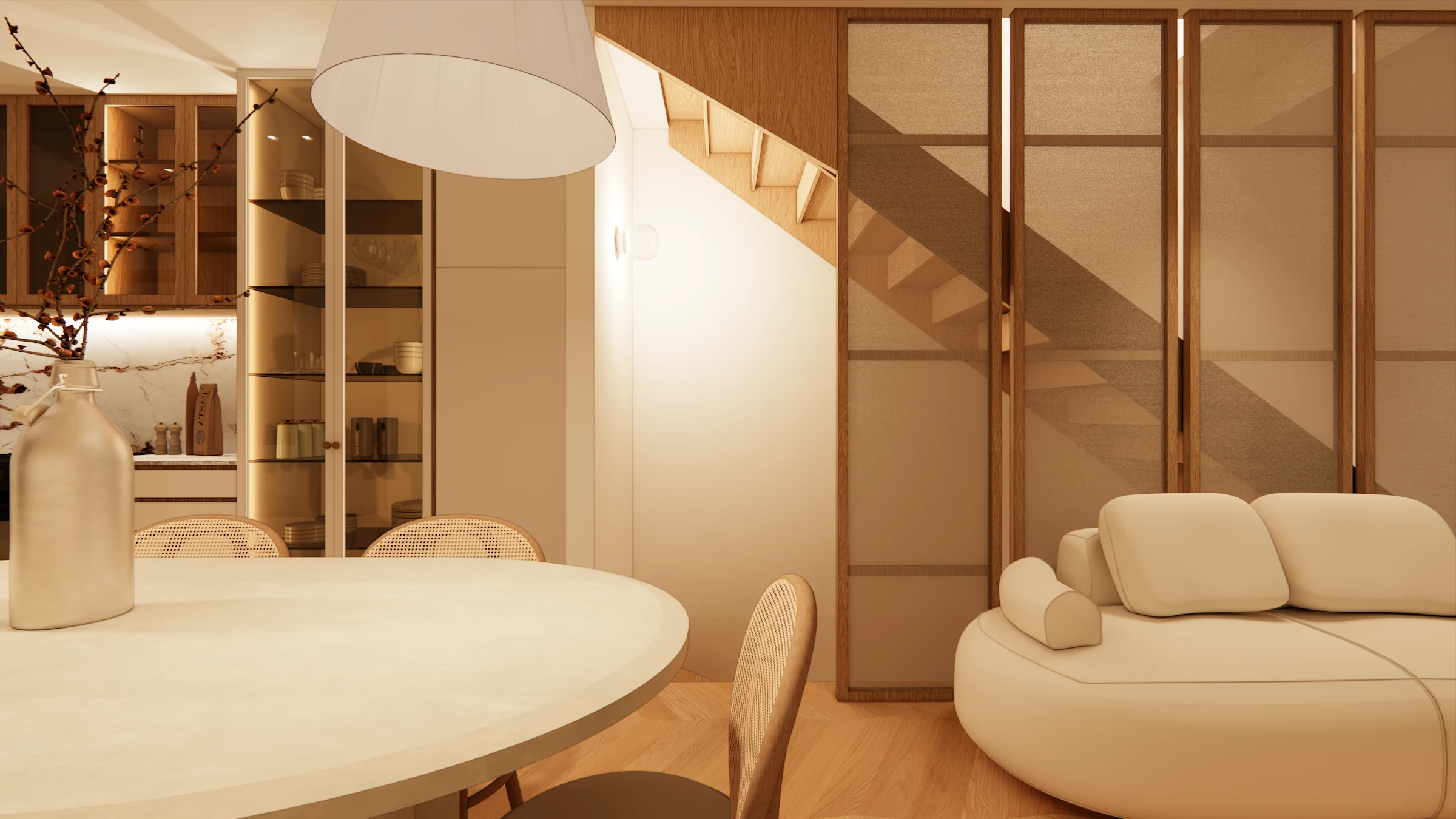 Sculptural sofa and round dining table beside a timber-framed screen at Casa Rena, 1338 28th Street NW