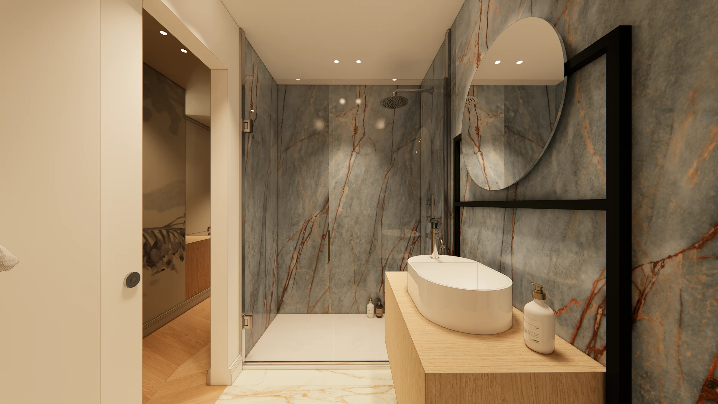 Stone-clad primary bath with sculptural basin and round mirror at Casa Rena, 1338 28th Street NW