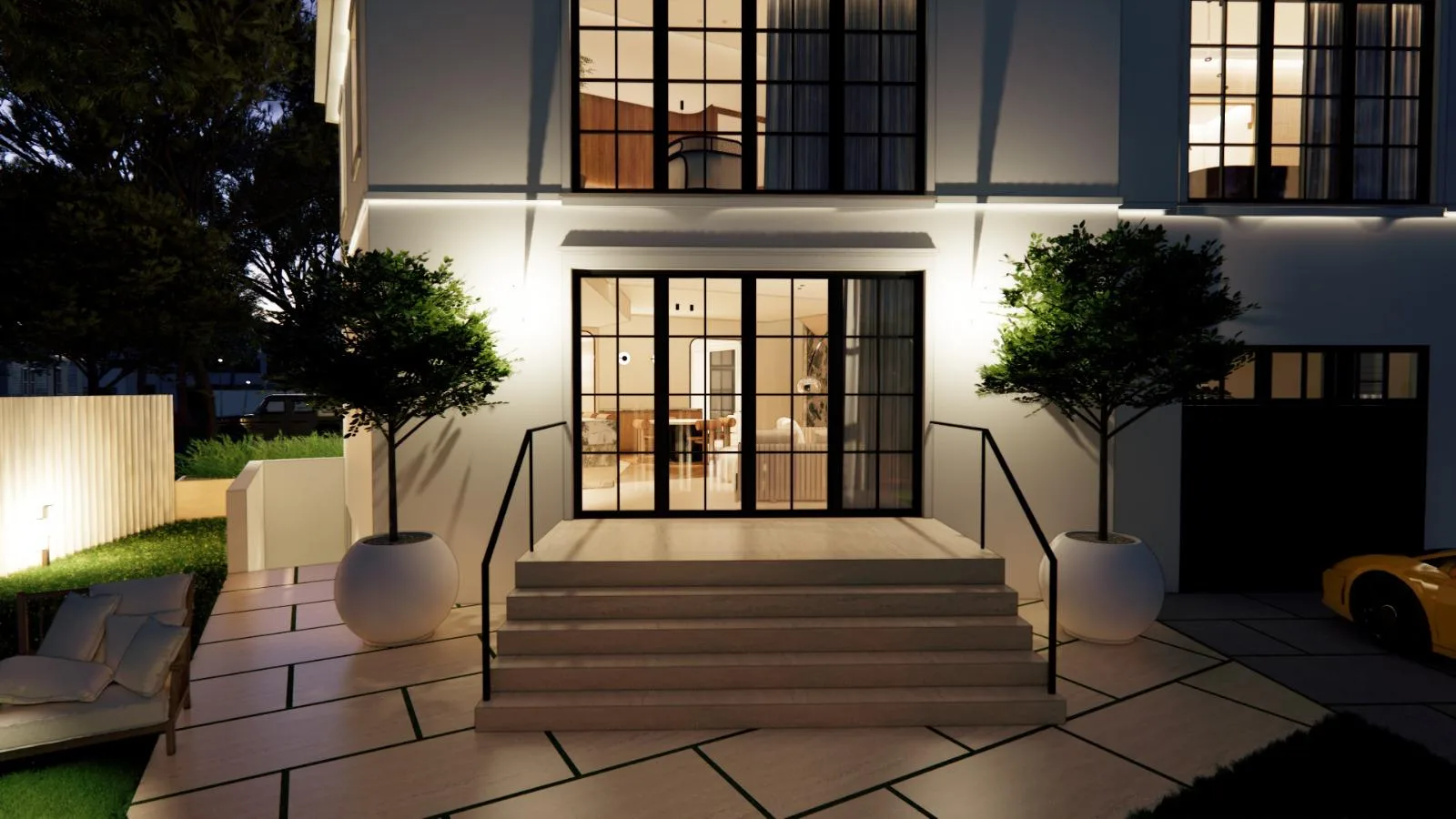 Lantern-lit rear terrace and steps at 5316 Reno Road NW