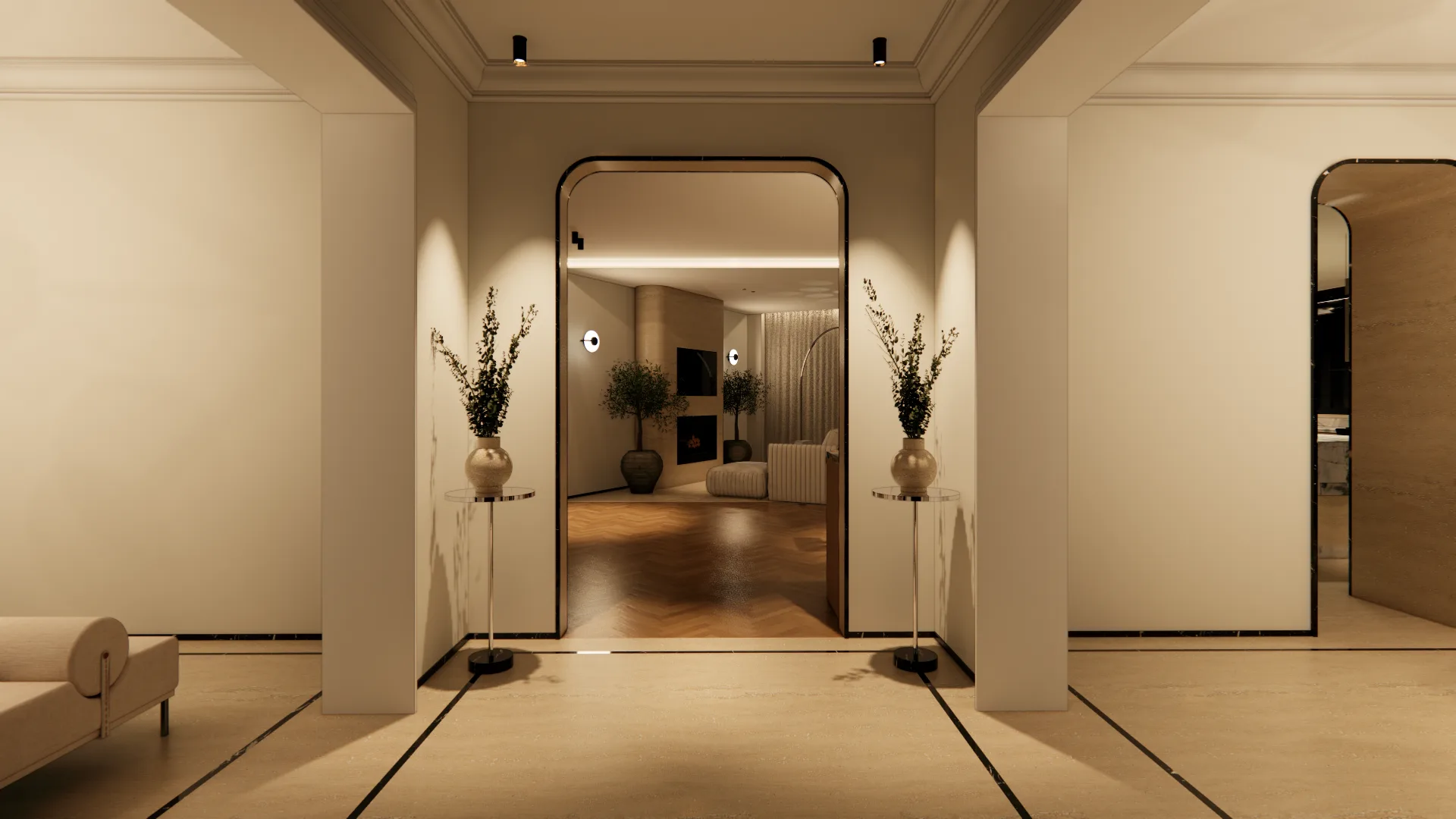 Arched gallery foyer with framed sightlines