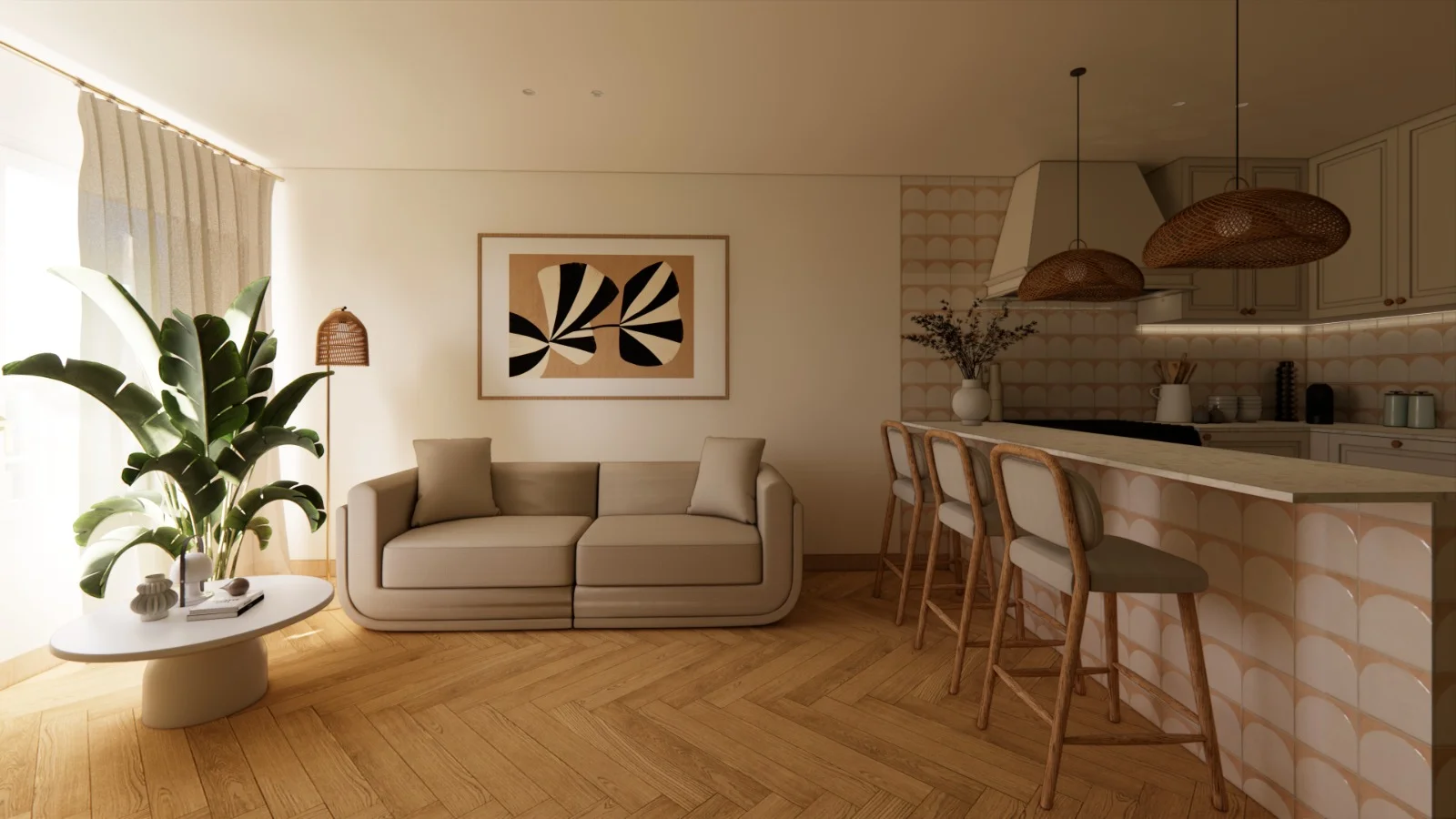 Design vision of the living room at the Brigantine beachside condo