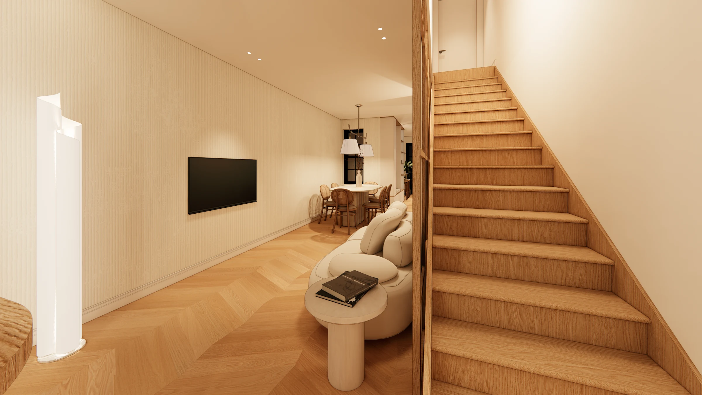 Oak staircase beside the living room and timber-framed screen at Casa Rena, 1338 28th Street NW
