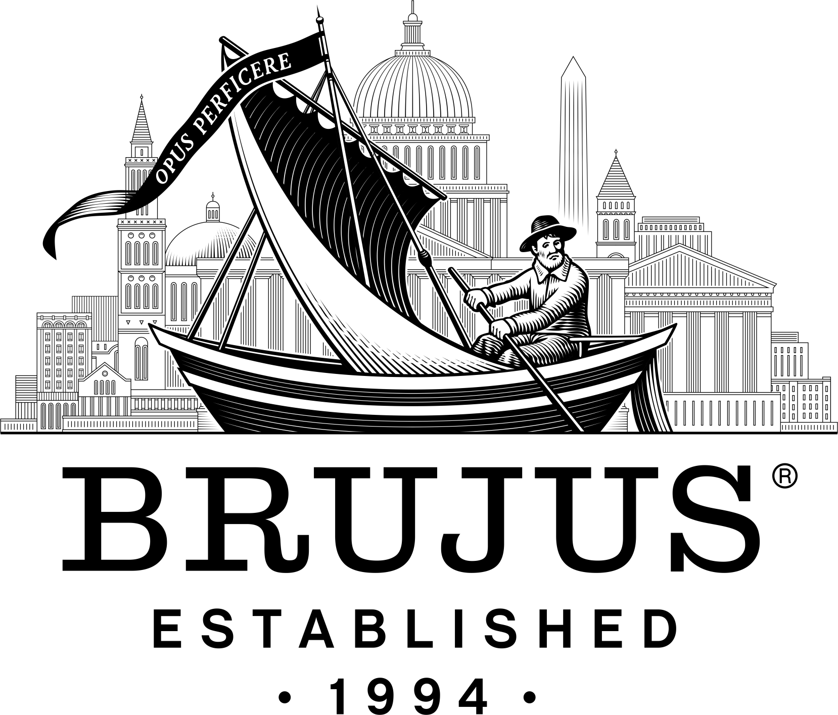 Brujus standard logo with boat and Washington landmarks — Established 1994