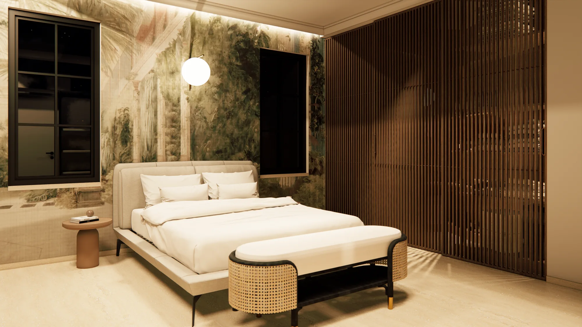 Primary bedroom with hand-painted mural wall and walnut screen