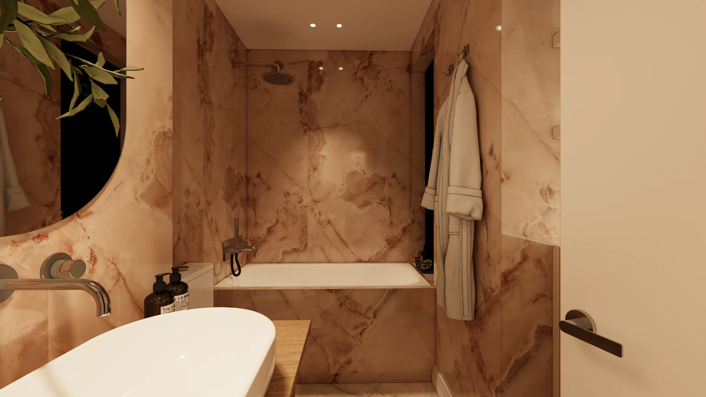 Bath with freestanding tub and expressive rose-toned stone walls at Casa Rena, 1338 28th Street NW