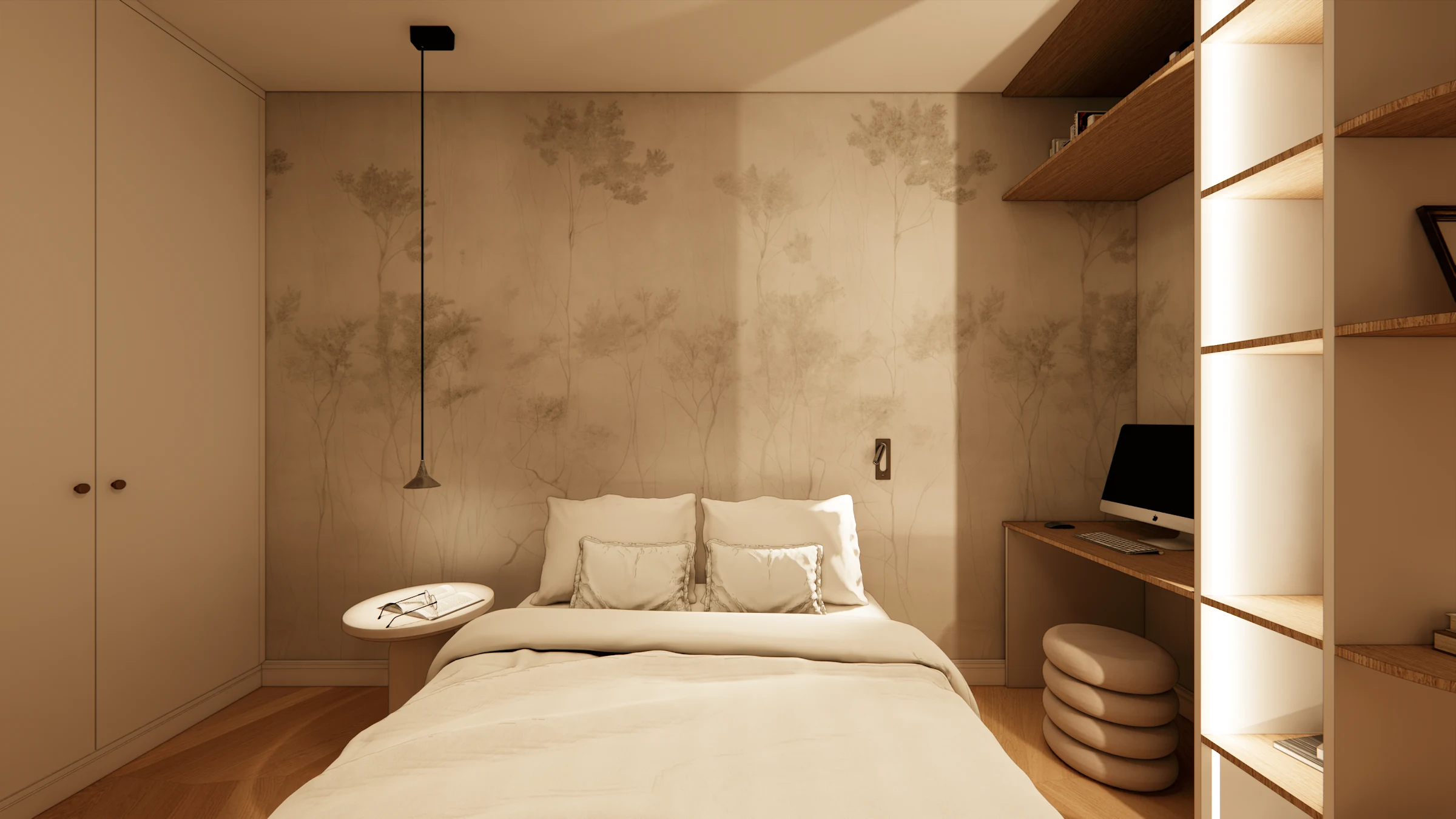 Lower-level bedroom with textured walls and integrated oak shelving at Casa Rena, 1338 28th Street NW