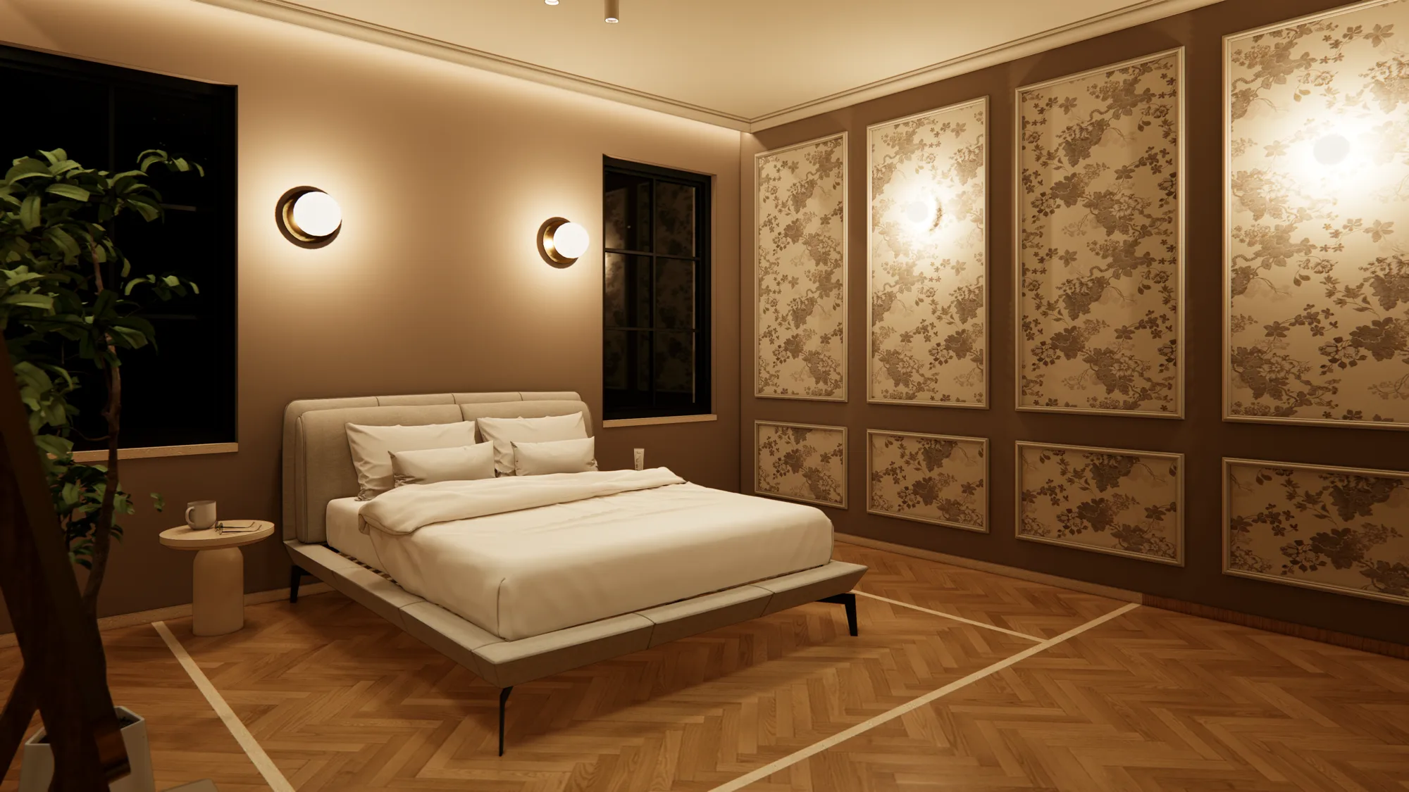 Guest bedroom with botanical panelled walls